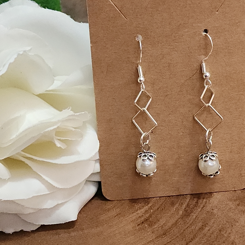 Hand Crafted Dangle Drop Earrings Silver Tone With and Faux White Pearls